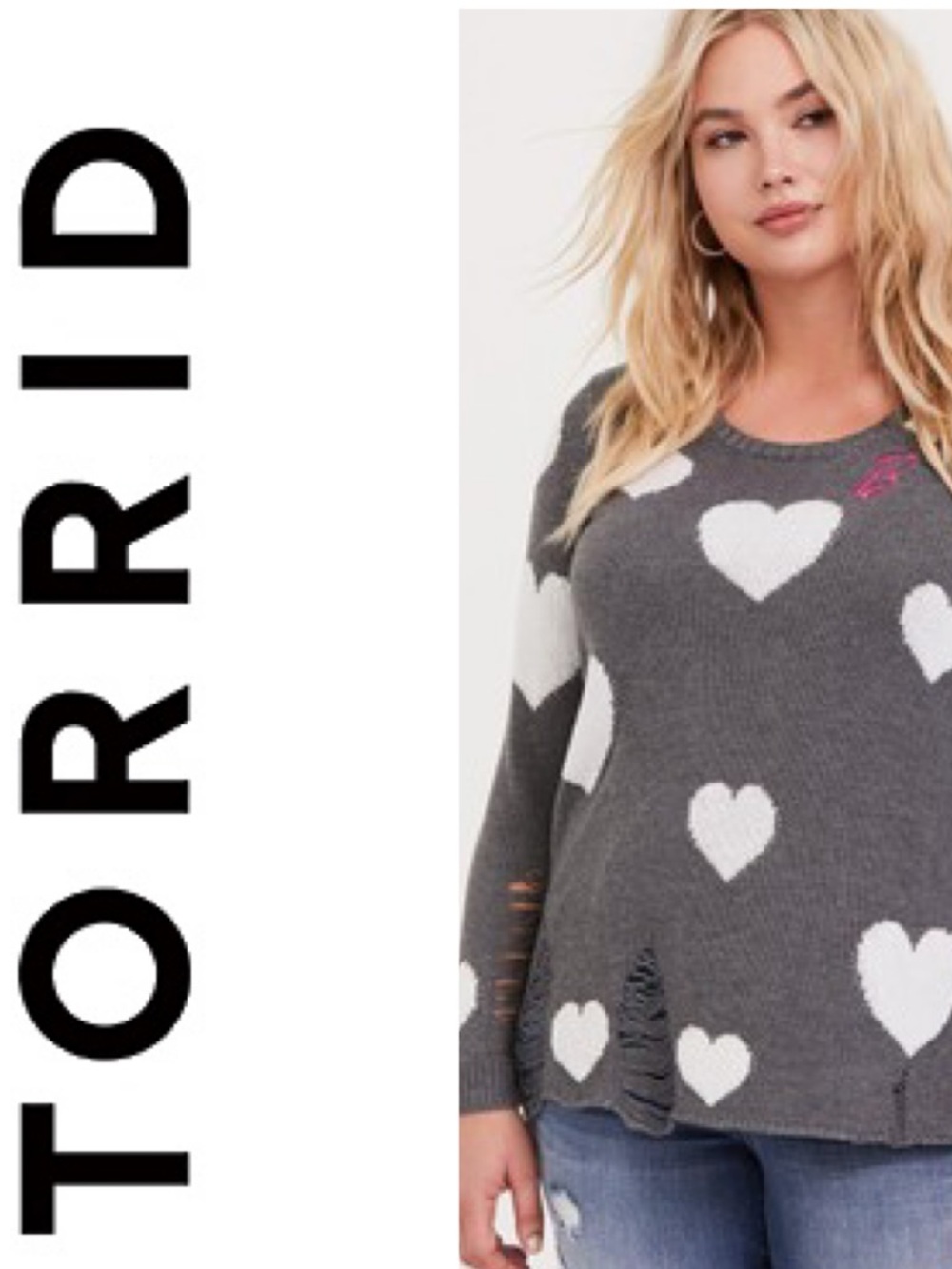 TORRID Women’s Barbie Grey Heart Distressed Pullover Sweater Size 0/L